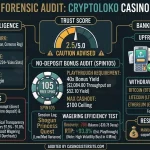 Forensic audit infographic for CryptoLoko Casino showing a 2.5/5 trust score, Spin105 no-deposit bonus terms, KYC compliance, and banking efficiency.