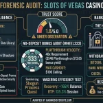 Forensic audit infographic for Slots of Vegas Casino detailing its 1.8/5 trust score, 333 free spins no-deposit bonus audit, rollover efficiency tests, and banking constraints.