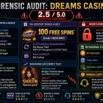 Forensic audit infographic for Dreams Casino showing trust score, bonus fine print analysis, hard cashier KYC gate, and banking limits.