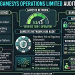 Infographic analyzing Gamesys Operations Limited compliance history, featuring UKGC account 38905 license status, 4.3 out of 5 trust score, 2024 UKGC penalty details, open banking verification, and withdrawal SLA speeds for Jackpotjoy and Bally Casino networks.