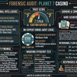 Forensic audit infographic of Planet 7 Casino showing a 2.8 out of 5 trust score, Primrose Media network details, a Hard Cashier Gate KYC roadblock, and a successful Sweet 16 Blast wagering efficiency test.