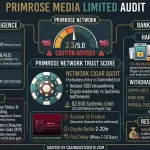 Forensic audit infographic of Primrose Media Limited detailing their 2.3 trust score, Anjouan licensing, Inclave SSO integration, $2,500 withdrawal caps, and cashier KYC bottlenecks across the 17-site casino network.