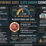 Slots Garden Casino forensic audit infographic displaying a 2.2 out of 5 trust score, Primrose Media network data, 25 free spins bonus playthrough breakdown, and key red flags including hidden variable RTPs and deposit-first KYC roadblocks.