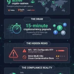 Infographic detailing the forensic audit of the Tech Zone Inc. crypto casino network, highlighting a B+ rating, 15-minute cryptocurrency payouts, configurable RTP risks, and Anjouan compliance statistics.